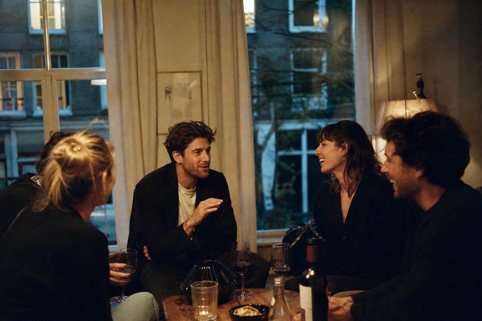 A small group of adults talking over wine in an Amsterdam apartment